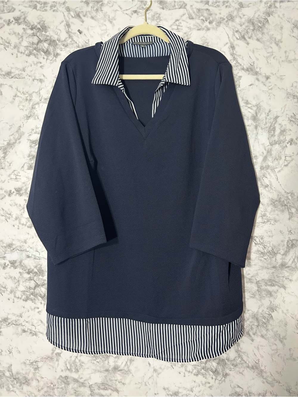 Adrianna Papell Navy and White Striped Collar Pullover